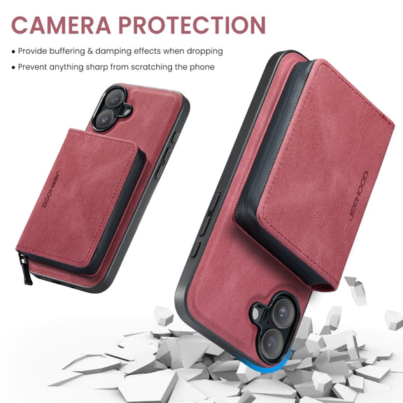 For iPhone 16 JEEHOOD J02 Magnetic Zipper Horizontal Flip Leather Phone Case(Red)