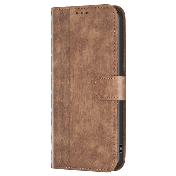 For Samsung Galaxy S25 5G Plaid Embossed Leather Phone Case(Brown)