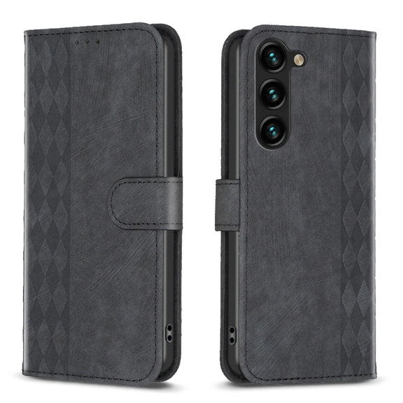 For Samsung Galaxy S25 5G Plaid Embossed Leather Phone Case(Black)