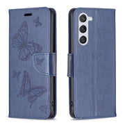 For Samsung Galaxy S25 5G Embossing Two Butterflies Pattern Leather Phone Case(Blue)