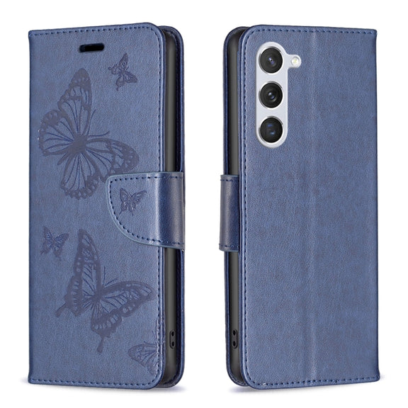 For Samsung Galaxy S25 5G Embossing Two Butterflies Pattern Leather Phone Case(Blue)