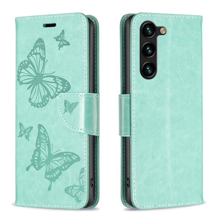 For Samsung Galaxy S25+ 5G Embossing Two Butterflies Pattern Leather Phone Case(Green)