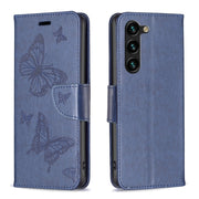 For Samsung Galaxy S25+ 5G Embossing Two Butterflies Pattern Leather Phone Case(Blue)