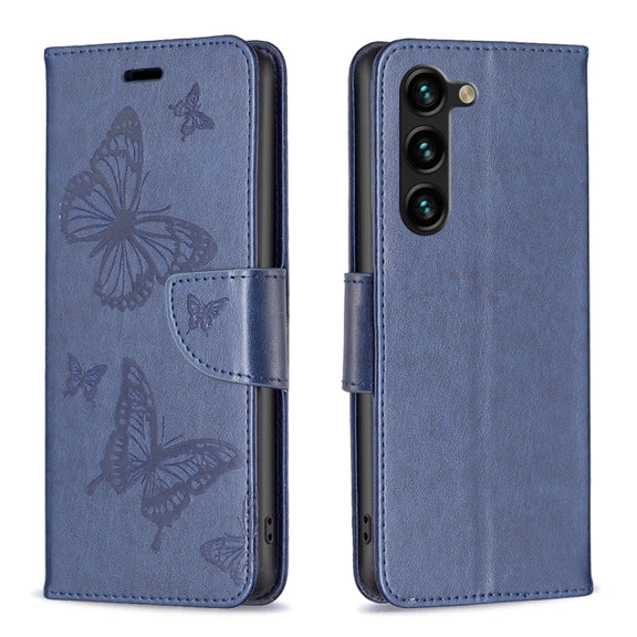 For Samsung Galaxy S25+ 5G Embossing Two Butterflies Pattern Leather Phone Case(Blue)