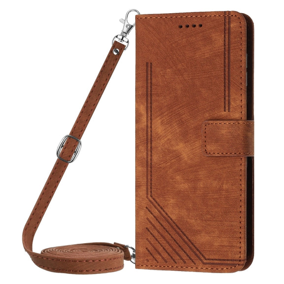 For Samsung Galaxy S25 Ultra 5G Skin Feel Stripe Pattern Leather Phone Case with Long Lanyard(Brown)