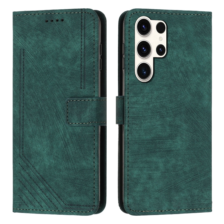 For Samsung Galaxy S25 Ultra 5G Skin Feel Stripe Pattern Leather Phone Case with Long Lanyard(Green)
