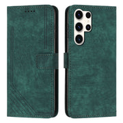 For Samsung Galaxy S25 Ultra 5G Skin Feel Stripe Pattern Leather Phone Case with Long Lanyard(Green)