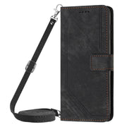 For Samsung Galaxy S25 Ultra 5G Skin Feel Stripe Pattern Leather Phone Case with Long Lanyard(Black)