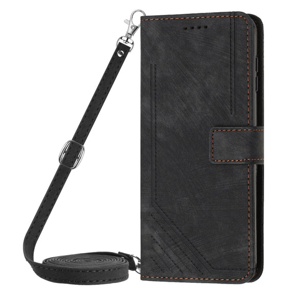 For Samsung Galaxy S25 Ultra 5G Skin Feel Stripe Pattern Leather Phone Case with Long Lanyard(Black)