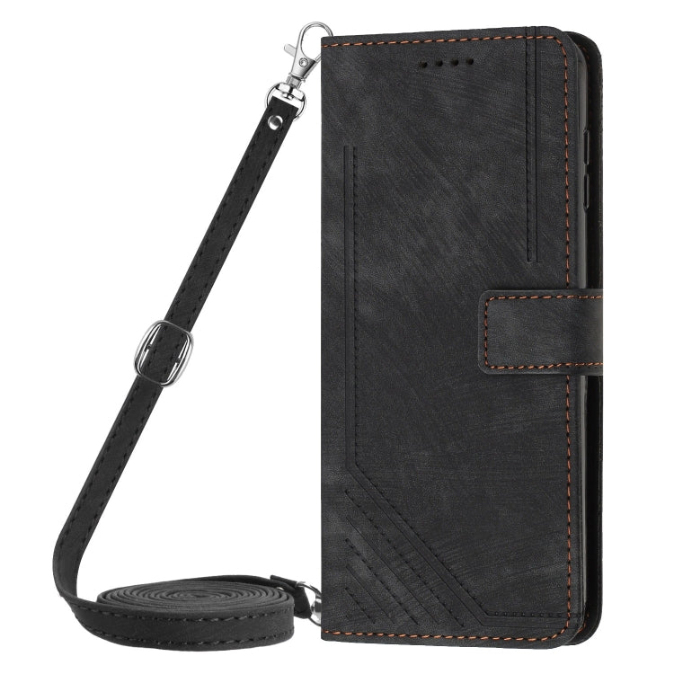 For Samsung Galaxy S25 Ultra 5G Skin Feel Stripe Pattern Leather Phone Case with Long Lanyard(Black)