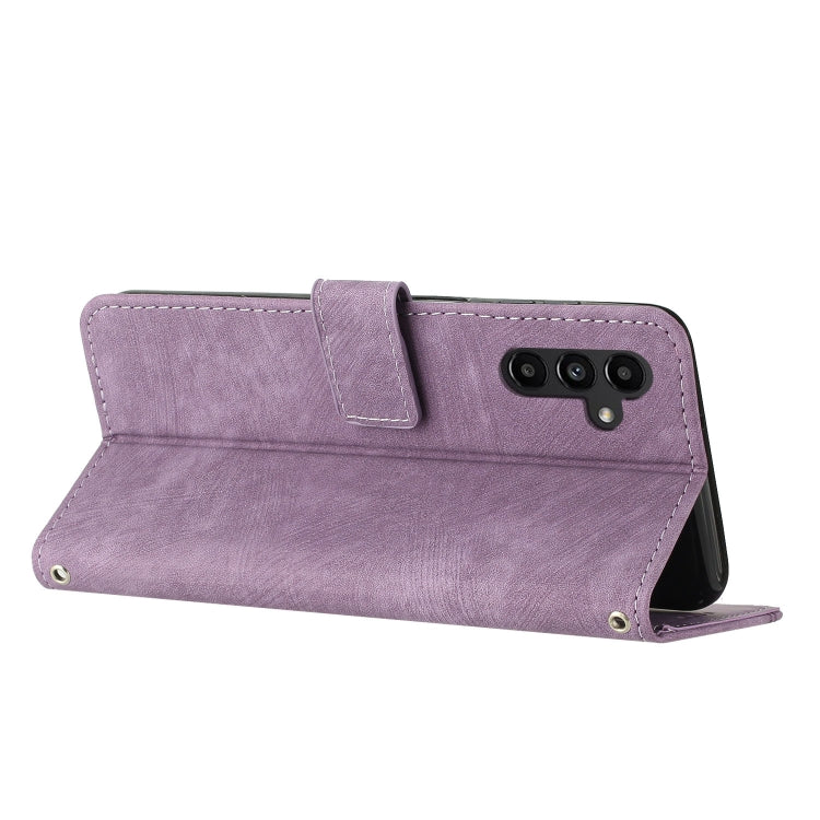 For Samsung Galaxy S25 / S24 5G Skin Feel Stripe Pattern Leather Phone Case with Long Lanyard(Purple)