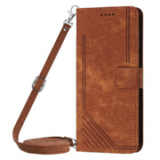For Samsung Galaxy S25+ / S24+ 5G Skin Feel Stripe Pattern Leather Phone Case with Long Lanyard(Brown)