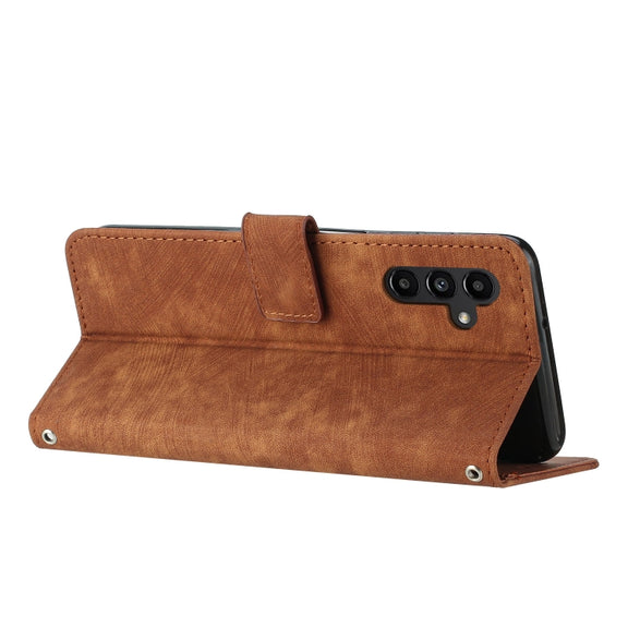 For Samsung Galaxy S25+ / S24+ 5G Skin Feel Stripe Pattern Leather Phone Case with Long Lanyard(Brown)