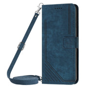 For Samsung Galaxy S25+ / S24+ 5G Skin Feel Stripe Pattern Leather Phone Case with Long Lanyard(Blue)