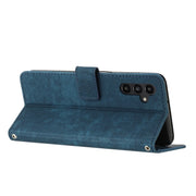 For Samsung Galaxy S25+ / S24+ 5G Skin Feel Stripe Pattern Leather Phone Case with Long Lanyard(Blue)