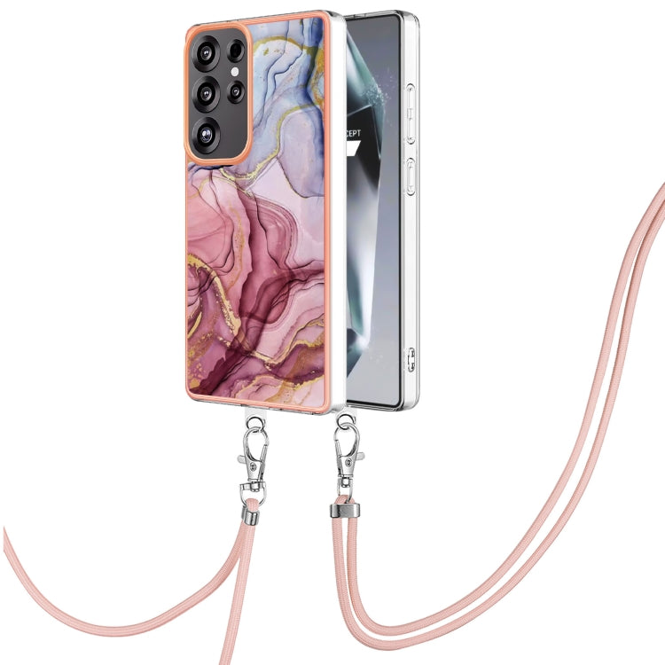For Samsung Galaxy S25 Ultra 5G Electroplating Marble Dual-side IMD Phone Case with Lanyard(Rose Red 014)
