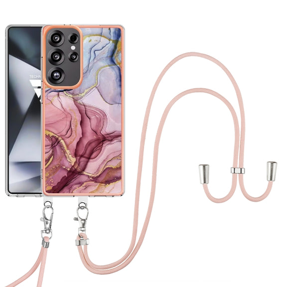 For Samsung Galaxy S25 Ultra 5G Electroplating Marble Dual-side IMD Phone Case with Lanyard(Rose Red 014)