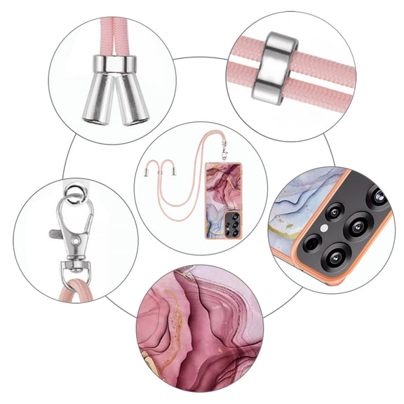 For Samsung Galaxy S25 Ultra 5G Electroplating Marble Dual-side IMD Phone Case with Lanyard(Rose Red 014)