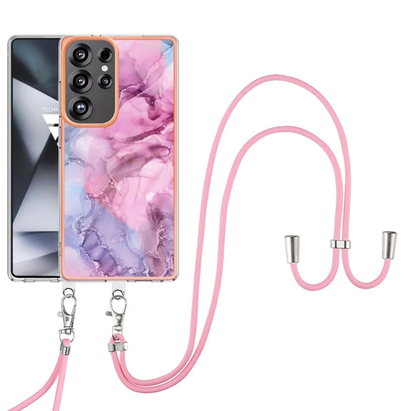 For Samsung Galaxy S25 Ultra 5G Electroplating Marble Dual-side IMD Phone Case with Lanyard(Pink 013)