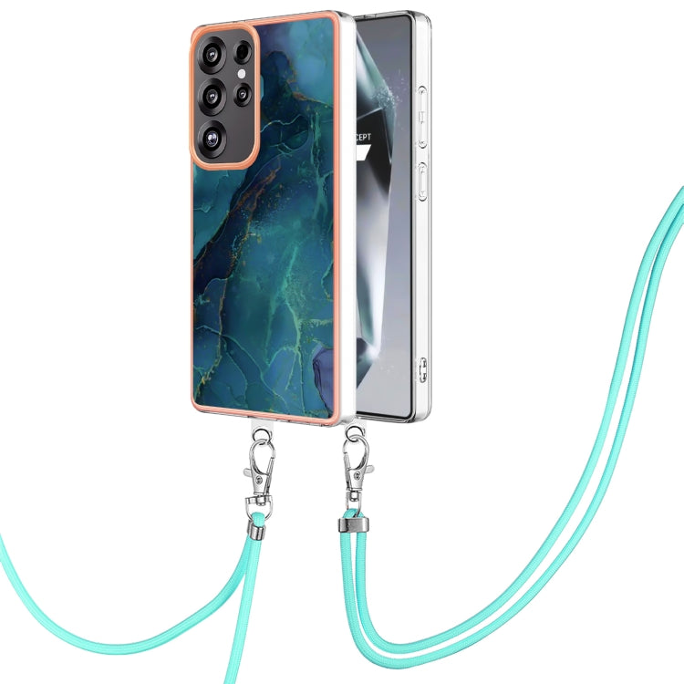 For Samsung Galaxy S25 Ultra 5G Electroplating Marble Dual-side IMD Phone Case with Lanyard(Green 017)