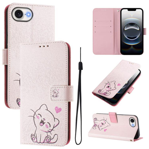 For iPhone 16e Art Colored Drawing Pattern Leather Phone Case(Cute cat)