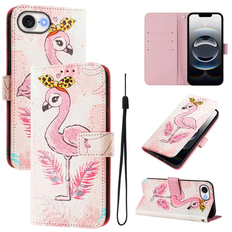 For iPhone 16e Art Colored Drawing Pattern Leather Phone Case(Flamingo)