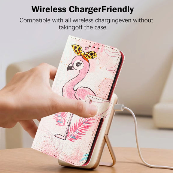 For iPhone 16e Art Colored Drawing Pattern Leather Phone Case(Flamingo)