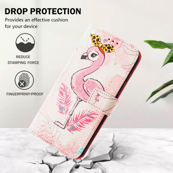 For iPhone 16e Art Colored Drawing Pattern Leather Phone Case(Flamingo)