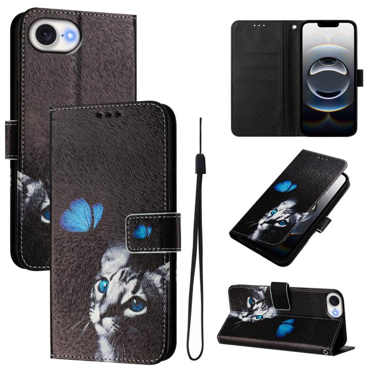 For iPhone 16e Art Colored Drawing Pattern Leather Phone Case(Butterfly cat)