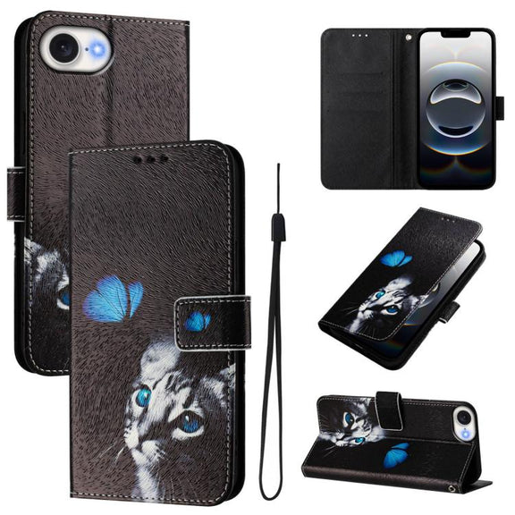For iPhone 16e Art Colored Drawing Pattern Leather Phone Case(Butterfly cat)