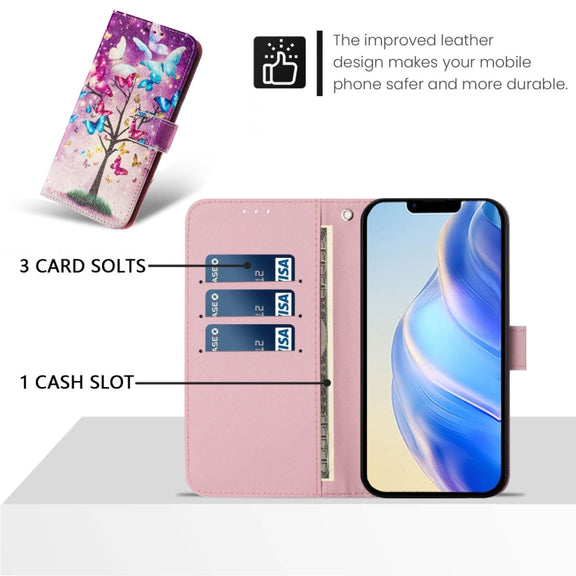 For iPhone 16e Art Colored Drawing Pattern Leather Phone Case(Butterfly branch)