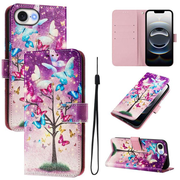 For iPhone 16e Art Colored Drawing Pattern Leather Phone Case(Butterfly branch)
