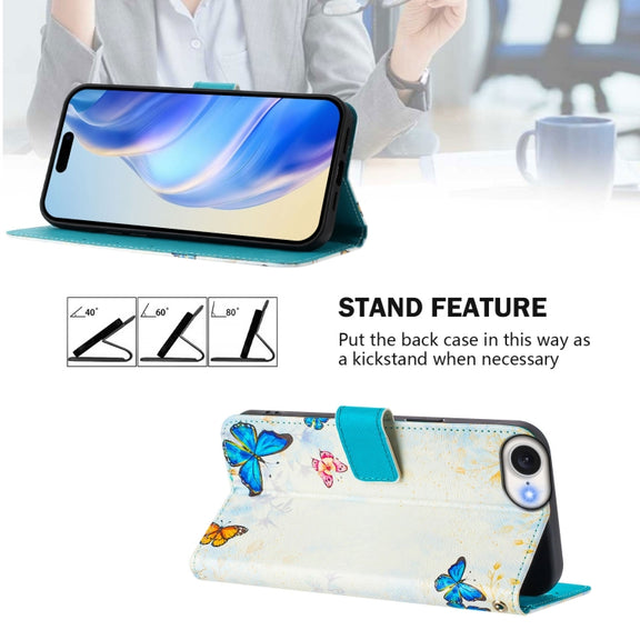 For iPhone 16e Art Colored Drawing Pattern Leather Phone Case(Butterfly house)