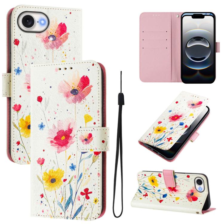 For iPhone 16e Art Colored Drawing Pattern Leather Phone Case(Flowers and plants)
