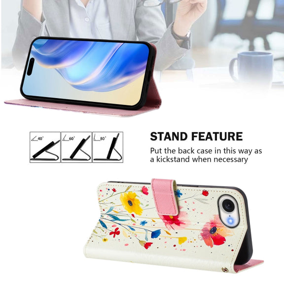 For iPhone 16e Art Colored Drawing Pattern Leather Phone Case(Flowers and plants)