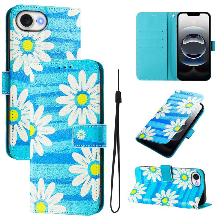 For iPhone 16e Art Colored Drawing Pattern Leather Phone Case(Blue daisy)