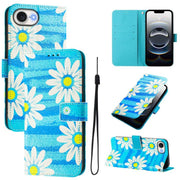 For iPhone 16e Art Colored Drawing Pattern Leather Phone Case(Blue daisy)