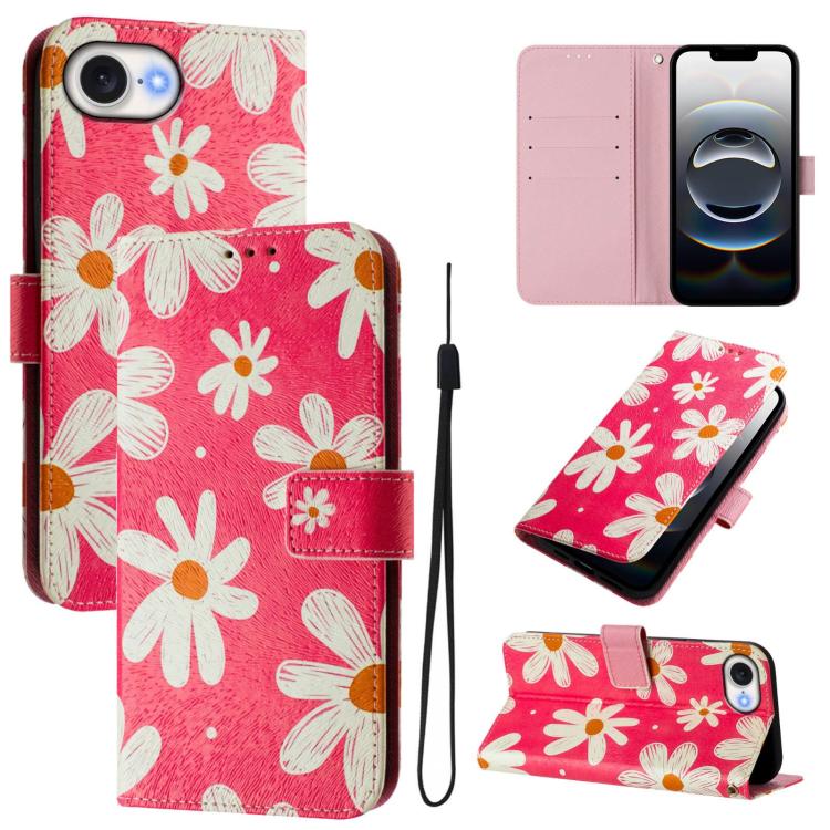 For iPhone 16e Art Colored Drawing Pattern Leather Phone Case(Pink daisy)