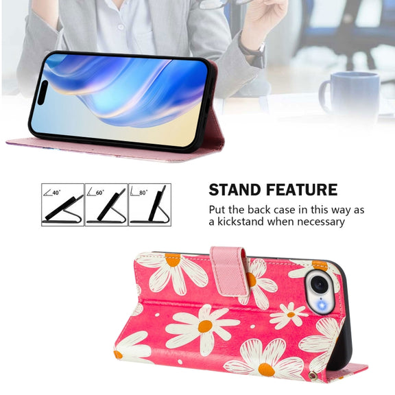 For iPhone 16e Art Colored Drawing Pattern Leather Phone Case(Pink daisy)