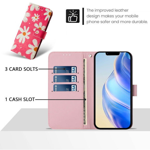 For iPhone 16e Art Colored Drawing Pattern Leather Phone Case(Pink daisy)