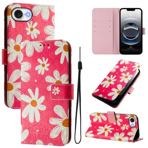 For iPhone 16e Art Colored Drawing Pattern Leather Phone Case(Pink daisy)