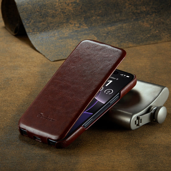 For iPhone 16 Pro Max Fierre Shann 64 Texture Vertical Flip PU Leather Phone Case(Brown)