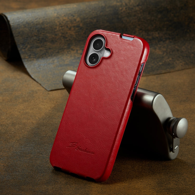 For iPhone 16 Fierre Shann 64 Texture Vertical Flip PU Leather Phone Case(Red)