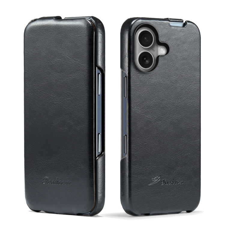 For iPhone 16 Fierre Shann 64 Texture Vertical Flip PU Leather Phone Case(Black)