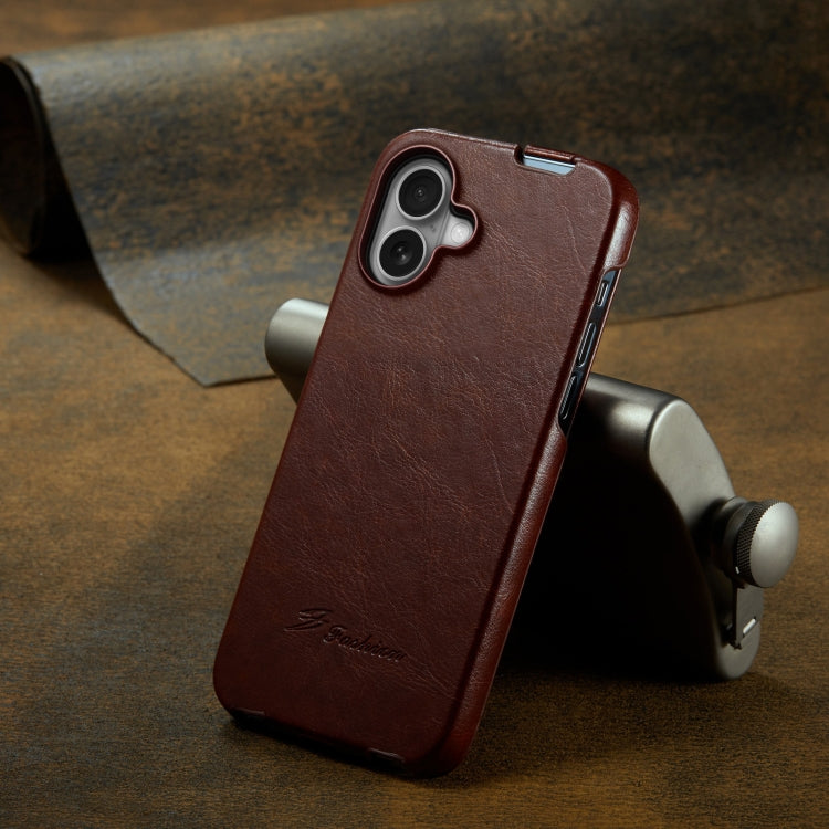 For iPhone 16 Fierre Shann 64 Texture Vertical Flip PU Leather Phone Case(Brown)
