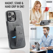 For iPhone 16 Pro Max Fierre Shann Oil Wax Cow Leather Holder Back Phone Case(Grey)