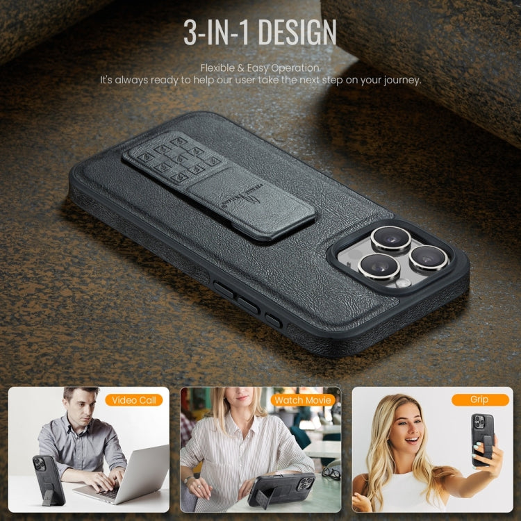 For iPhone 16 Pro Fierre Shann Oil Wax Cow Leather Holder Back Phone Case(Black)
