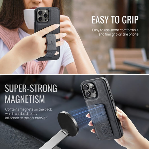 For iPhone 16 Pro Fierre Shann Oil Wax Cow Leather Holder Back Phone Case(Black)