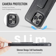 For iPhone 16 Pro Fierre Shann Oil Wax Cow Leather Holder Back Phone Case(Black)