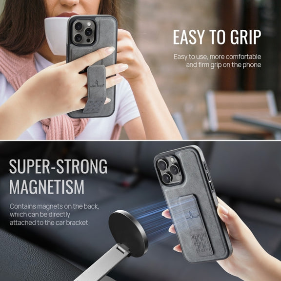 For iPhone 16 Pro Fierre Shann Oil Wax Cow Leather Holder Back Phone Case(Grey)